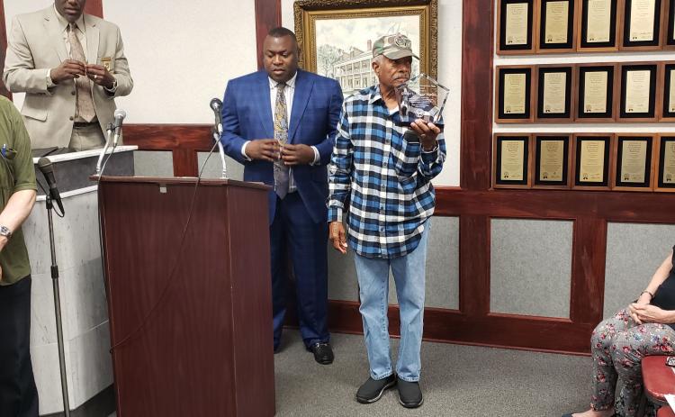 Granvel Hopkins is recognized with a Palatka Pride Hometown Hero award by the Palatka City Commission in February 2020.