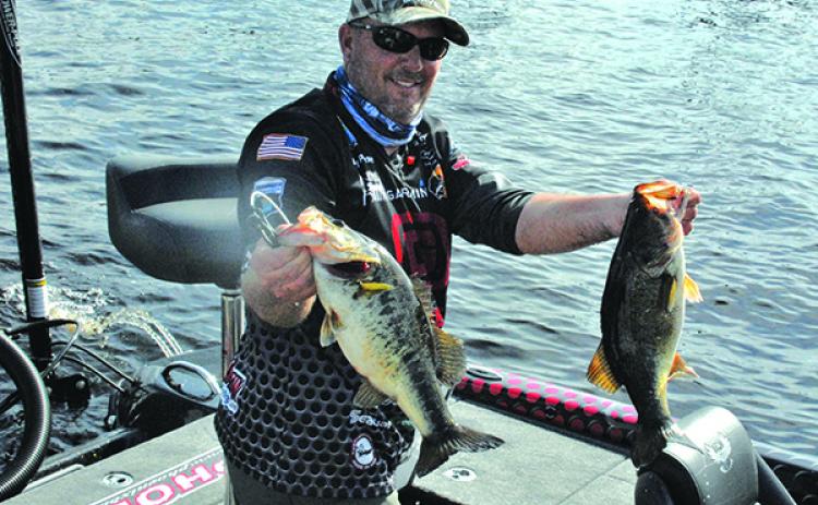 Cliff Prince shows off a couple of his bass as he gets set to exit his boat at the Palatka Dock during Friday’s competition. (GREG WALKER / Special To The Daily News)