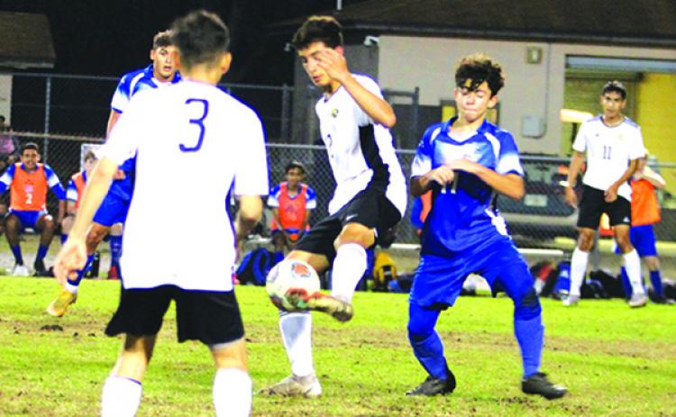 Crescent City High boys soccer standout Jesus Cruz (middle) has scored a team-high 18 goals this season  including the memorable game-winner in extra time to win the District 4-3A championship last week against Gainesville P.K. Yonge. (MARK BLUMENTHAL / Palatka Daily News)