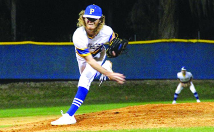 Palatka’s Jonathan Germany throws a pitch during Wednesday’s opening game of the season for the Panthers against St. Joseph Academy. (ANTHONY RICHARDS / Palatka Daily News)