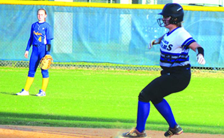 Interlachen High’s Sierra Boynton arrives at second base with a double after breaking up Amy Kennedy’s no-hit bid in last year’s county softball tournament against Palatka. (MARK BLUMENTHAL / Palatka Daily News)