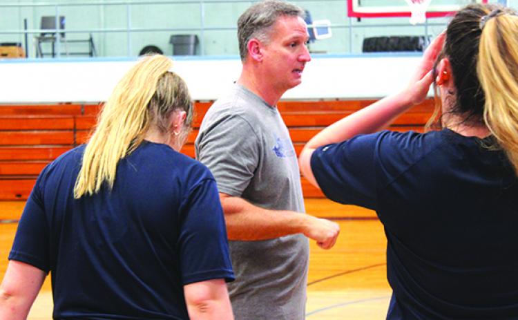 St. Johns River State College volleyball coach Matt Cohen talks to his team before practice this week. St. Johns faces tournament host Lake-Sumter at 11 a.m. today. (MARK BLUMENTHAL / Palatka Daily News)