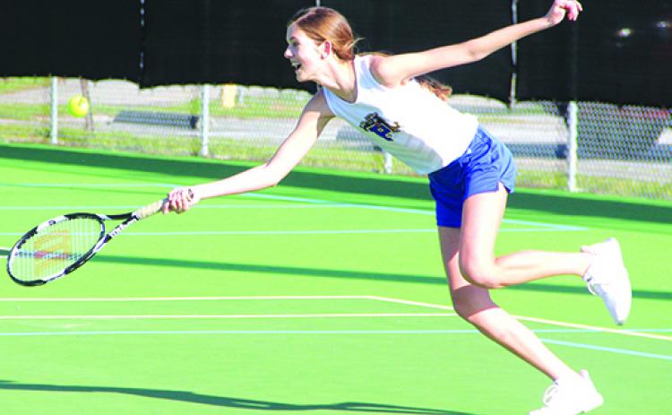 Palatka’s No. 2 girls tennis singles, Ruby Doran, returns a shot during a March 9 match against Menendez at the PHS courts, the site of this year’s District 5-2A tournament. (ANTHONY RICHARDS / Palatka Daily News)