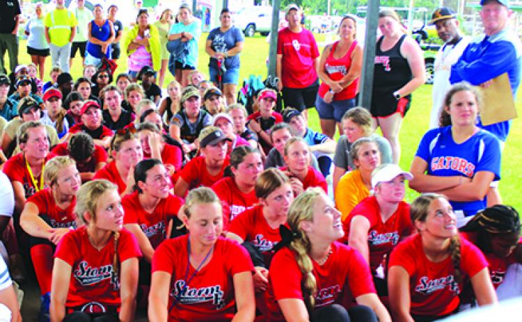 Girls listen to coaches talk during Monday’s fifth annual First Coast Futures Midsummer Prospect Camp at Theobold Park. (MARK BLUMENTHAL / Palatka Daily News)