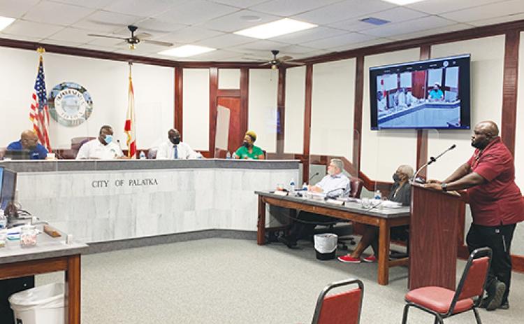 Community Affairs Director Eddie Cutwright addresses improvements needed for the Jenkins Middle School facility at Thursday night’s Palatka City Commission meeting.