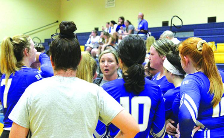 Coach Tonya Troiano and her Interlachen Junior-Senior High volleyball players improved to 5-6 after outlasting Bradford in five sets Tuesday night. (MARK BLUMENTHAL / Palatka Daily News)