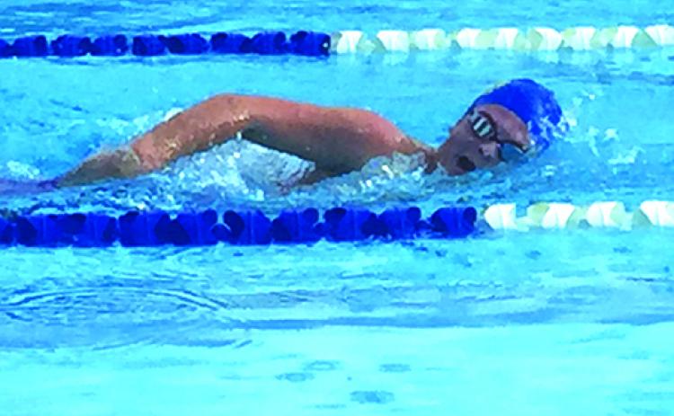 Grant Porch, here swimming in Palatka High’s opening meet on Aug. 26 against Palm Coast Matanzas, won the 200 freestyle and was second in the 500 freestyle against Orange Park Ridgeview. (COREY DAVIS / Palatka Daily News)