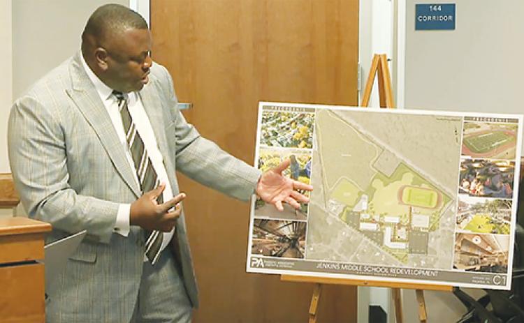 Palatka Mayor Terrill Hill speaks to the Putnam County School District board Tuesday evening about purchasing the former Jenkins Middle School building.