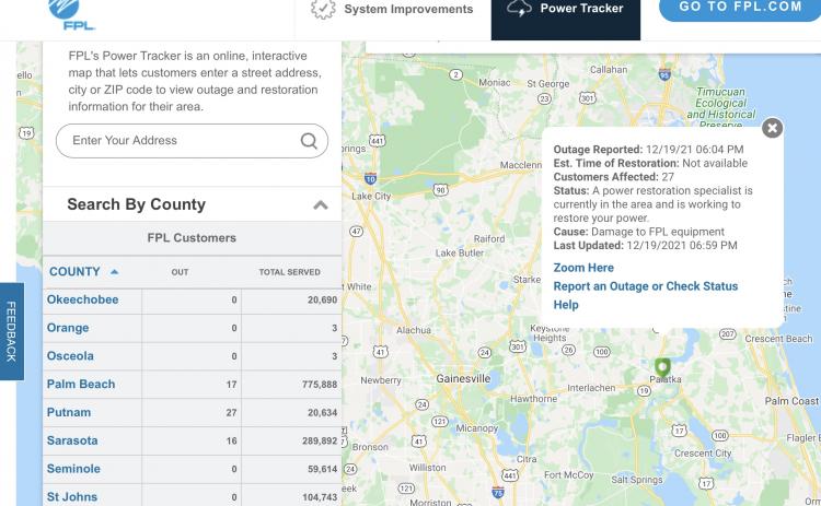 The FPL Power Tracker map reports 27 power outages in Palatka.  