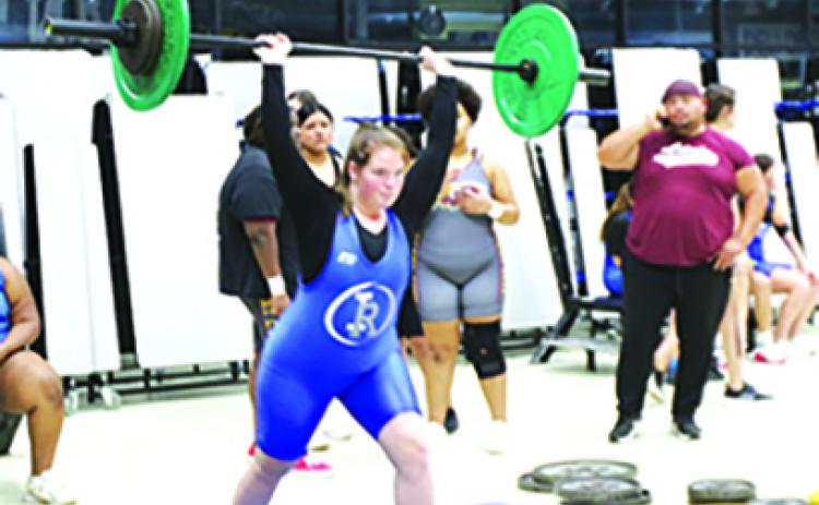 Interlachen’s Olivia Ayers, here competing at the Putnam County championship meet last month, took second at 199 pounds to teammate Mikayla Golden in Thursday’s meet against Keystone Heights. (COREY DAVIS / Palatka Daily News)