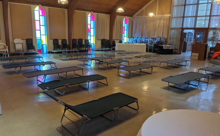 Cots are ready for occupants tonight in First Presbyterian Church.