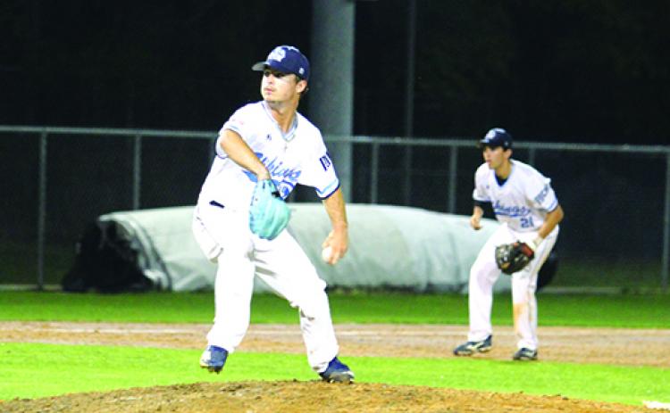 St. Johns River State College’s Layton DeLoach fires a pitch during the eighth inning of Wednesday night’s game against the College of Central Florida. (MARK BLUMENTHAL / Palatka Daily News)