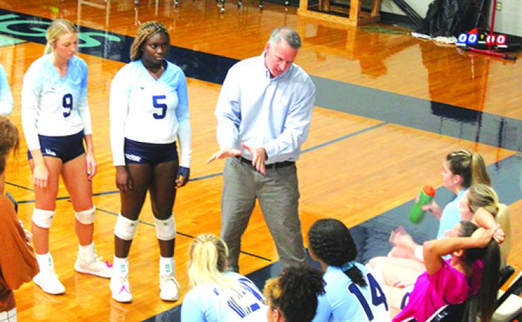 St. Johns River State College volleyball coach Matt Cohen talks to his players during a timeout in a win over Pensacola State on Oct. 8. Cohen and his beach volleyball team recently competed in a tournament in Irvine, California. (MARK BLUMENTHAL / Palatka Daily News)