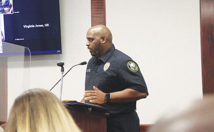 Palatka Police Chief Jason Shaw presents recently compiled crime statistics at Thursday's City Commissioners meeting.