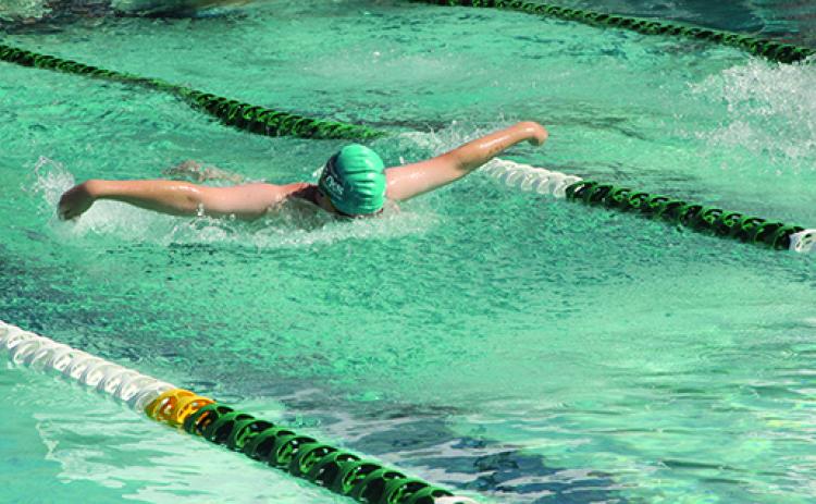 Eleven year old Jackson Young, seen here competing in a butterfly race, won three events this weekend at the meet at Pace Island. (COREY DAVIS/Palatka Daily News)