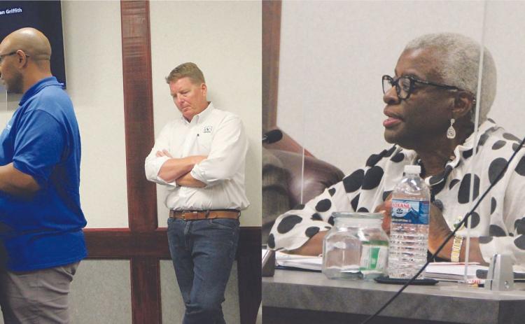 From left to right: the Rev. Herbert Johnson, Colin Bingham and City Attorney Valeria Bland Thomas speak at commissioners meetings in recent months about Calvary Missionary Baptist Church's plans for its pool.