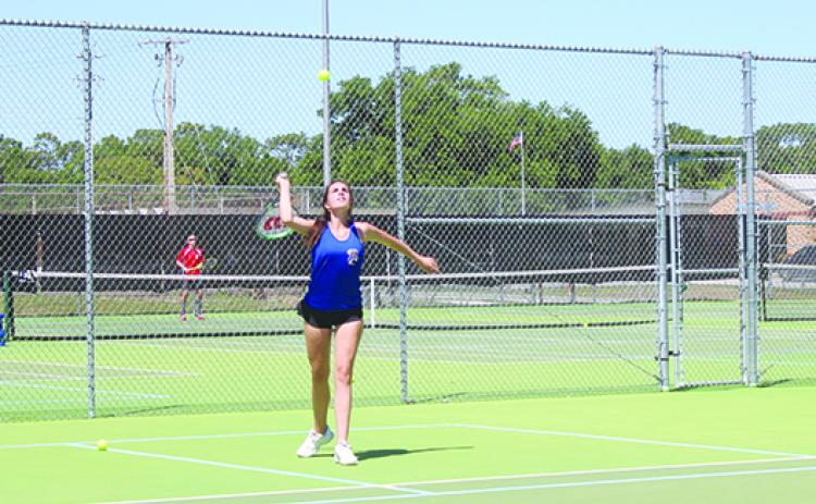 Palatka’s Elle Herrington was a winner at second singles and second doubles in the girls tennis team’s win over Bradford Tuesday. (MARK BLUMENTHAL / Palatka Daily News)