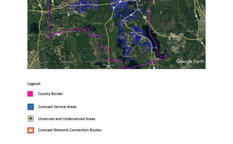 Courtesy of the Florida Department of Economic Opportunity. The service area map for internet expansion submitted by Comcast. 