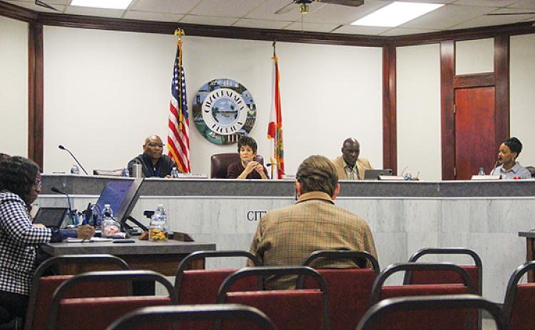 SARAH CAVACINI/Palatka Daily News – From left, Palatka City Commissioner Will Jones, Mayor Robbi Correa and Commissioner Rufus Borom participate in a workshop Monday to discuss potential revisions to the city’s charter.