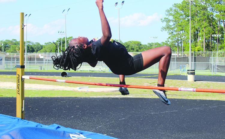 Palatka’s Destiny Williams leaps over the high jump bar in preparation for last year’s FHSAA 2A meet. (MARK BLUMENTHAL / Palatka Daily News)