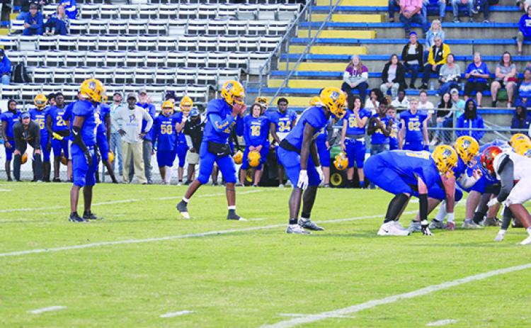 Palatka gets ready on defense to make a play against Tocoi Creek at Bennett-Cooper Field at Veterans Memorial Stadium on Oct. 4, 2022. (MARK BLUMENTHAL / Palatka Daily News)