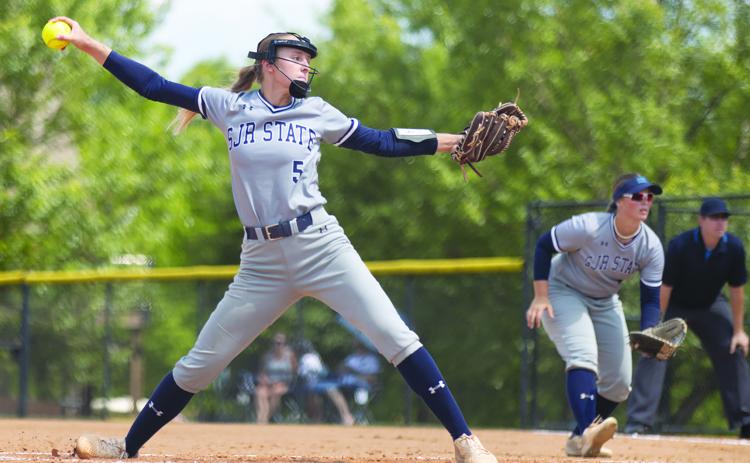 St. Johns River State College’s Caylee Elder delivers a pitch Monday en route to a 2-0 shutout win over Des Moines Area College at the World Series. (Photo courtesy National Junior College Athletic Association)