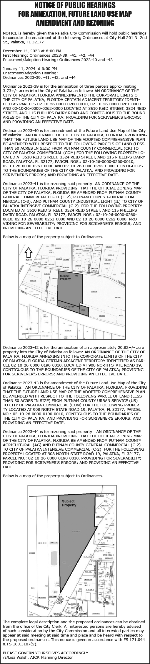 City of Palatka Furture Land Ordinance 2023-39, 2023-40, 2023-41, 2023-42, 2023-43, 2023-44