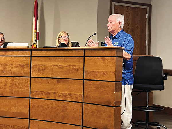 SARAH CAVACINI/Palatka Daily News – School Facilities Naming Committee member Ron Dennis advocates Tuesday for the field at the Azalea Bowl in Palatka to be named after retired Palatka coach Jim McCool.