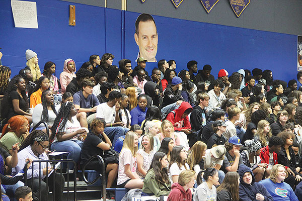 SARAH CAVACINI/Palatka Daily News – A cutout of Assistant Principal Michael Chaires’ head is pasted onto the wall of the Palatka Junior-Senior High School during a pep rally in his honor.