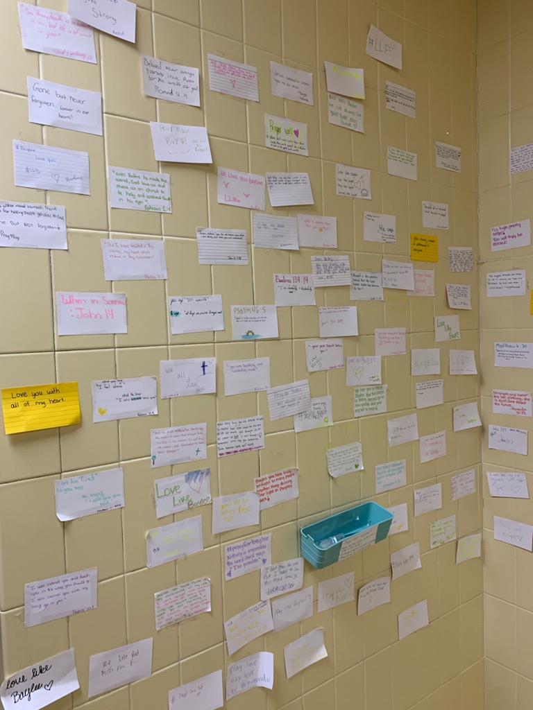 Photo submitted by Cathy Oyster -- Messages for Baylee Holbrook form a prayer wall inside one of the girls restrooms at Palatka High. Oyster took the photo in an otherwise empty restroom.