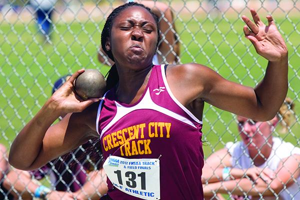 Crescent City's Kayshia Brady is set to let go of the shot put in the 2012 FHSAA 2A championship at the University of North Florida. (Daily News file photo)