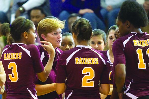 Crescent City's long-time coach, Holly Pickens, put her words forward to her volleyball team in the Region 4-1A championship game at Union County, a game the Raiders won to reach the FHSAA 1A Final Four in 2011. (Daily News file photo)
