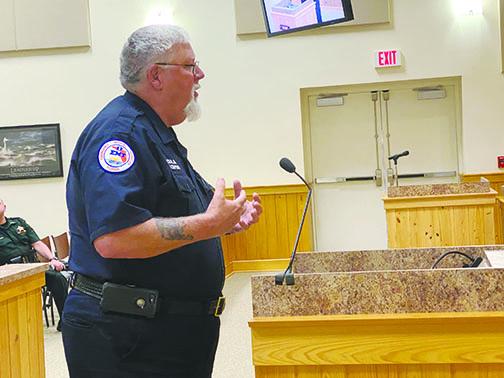 Former Putnam County firefighter John Chapman addresses the Board of County Commissioners at Tuesday’s workshop, where he talked about the working conditions of local emergency workers.