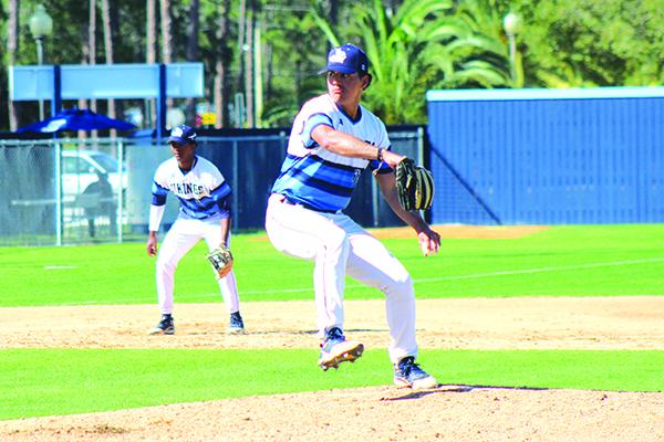 Michael Rosario was the first of six pitchers SJR State used Saturday against the Rollins JV. (ANDY HALL / Palatka Daily News)