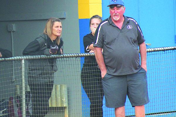 Head softball coaches Karen Baker of Crescent City, left, and Ron Whitehurst of Interlachen chat with one another during the All-Putnam County Tournament last Friday at Palatka High School. (MARK BLUMENTHAL / Palatka Daily News)