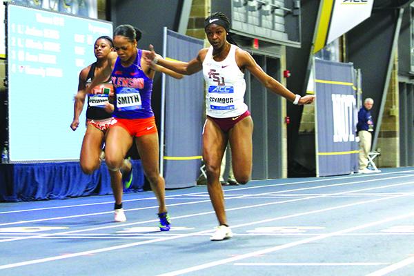 Florida State’s Ka’Tia Seymour crosses the finish line to win the 60-meter dash at the ACC Indoor Track Championships on March 1 at Notre Dame University. (BOB THOMAS / Florida State Sports Information photo)
