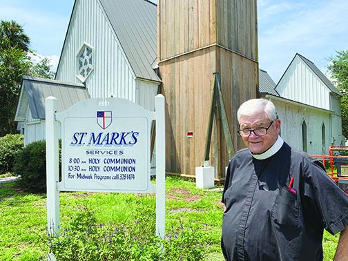 The Rev. Bob Marsh stands in front of St. Mark’s Episcopal Church in Palatka. The church’s bell tower is currently being restored and Marsh said one of the challenges was building it as close as possible to its 1850s design.