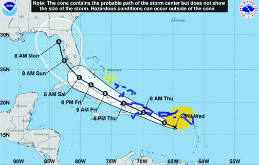 The 5 p.m. Wednesday projections show a potential tropical storm arriving in Florida on Saturday and in Northeast Florida late Sunday.
