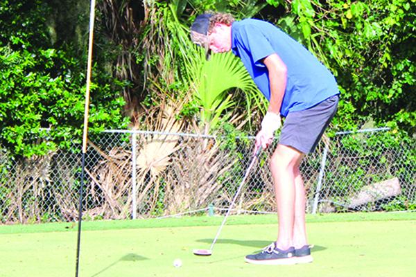 Palatka High School’s Cayden Annis pushes his putt toward the fifth hole during a match on Sept. 22 at the Palatka Municipal Golf Club, the site of this year’s District 3-2A tournament starting Tuesday. (MARK BLUMENTHAL / Palatka Daily News)