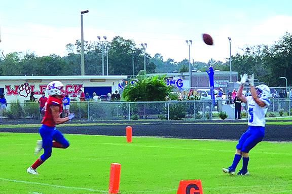 Interlachen High wide receiver Joey Bacco is alone in the end zone as he gets ready to pull in his second touchdown catch against Wolfson. (NICK BLANK / Palatka Daily News)