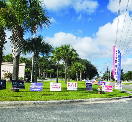 Election signs are displayed along Crill Avenue in front of the Putnam County Government Complex in Palatka on Monday morning.