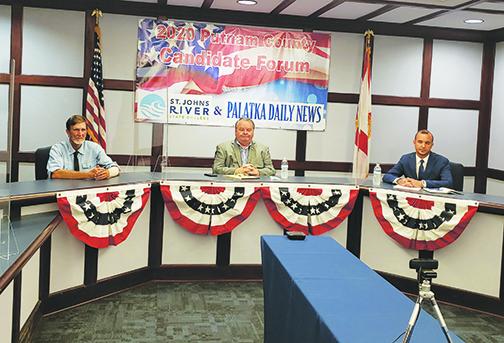 From left, Douglas Hays, Terry Turner and Joshua Mast, competitors in the race for the Board of County Commissioners District 3 seat, participate in an online political forum in October at St. Johns River State College in Palatka. Turner, the incumbent, would go on to win in the November general election.