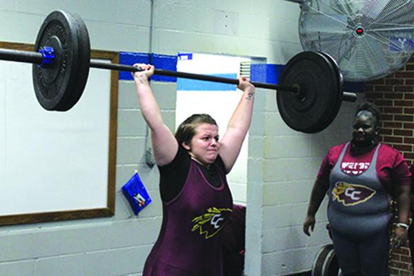 Crescent City’s Faith Thomas makes a successful lift en route to winning the 183-pound county title at Interlachen High on Wednesday. (MARK BLUMENTHAL / Palatka Daily News)