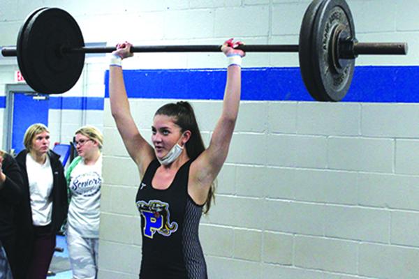 Palatka’s Jorja Barton, shown lifting her way to the Putnam County championship on Jan. 13, helped the Panthers to a second-place finish at the District 7-1A championship at Interlachen High Friday by winning the 154-pound title. (MARK BLUMENTHAL / Palatka Daily News)