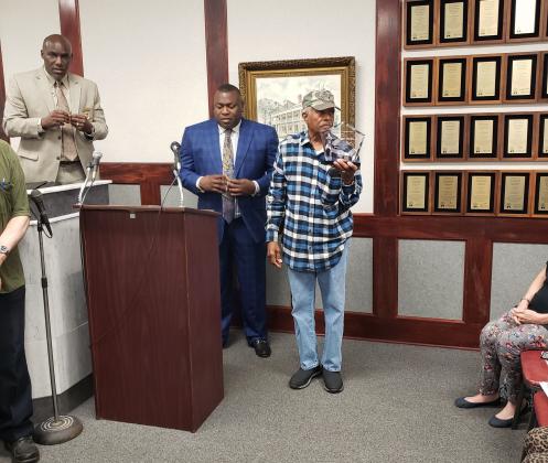 Granvel Hopkins is recognized with a Palatka Pride Hometown Hero award by the Palatka City Commission in February 2020.
