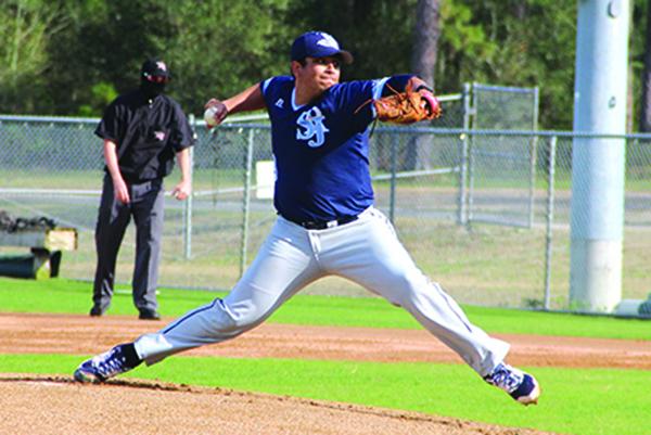 St. Johns River State College’s Jason Gonzalez throws a pitch during his six-inning stint against Pensacola State on Friday. (ANTHONY RICHARDS / Palatka Daily News)