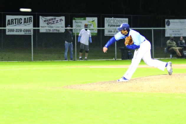 Jason Gonzalez, who struck out 10 batters in seven shutout innings in the game, delivers a pitch. (MARK BLUMENTHAL / Palatka Daily News)