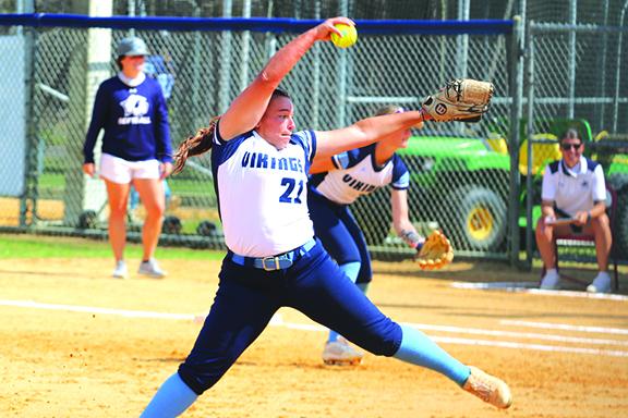 St. Johns River State College's Katie Benedict throws a pitch during the first game against Santa Fe. (ANTHONY RICHARDS / Palatka Daily News)