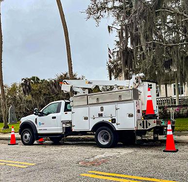 An AT&T truck parks on St. Johns Avenue in Palatka on Thursday as power outages in the area continue despite AT&T representatives saying no reports have been shown on the company outage map.