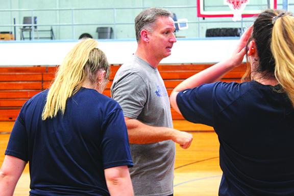 St. Johns River State College volleyball coach Matt Cohen talks to his team before practice this week. St. Johns faces tournament host Lake-Sumter at 11 a.m. today. (MARK BLUMENTHAL / Palatka Daily News)